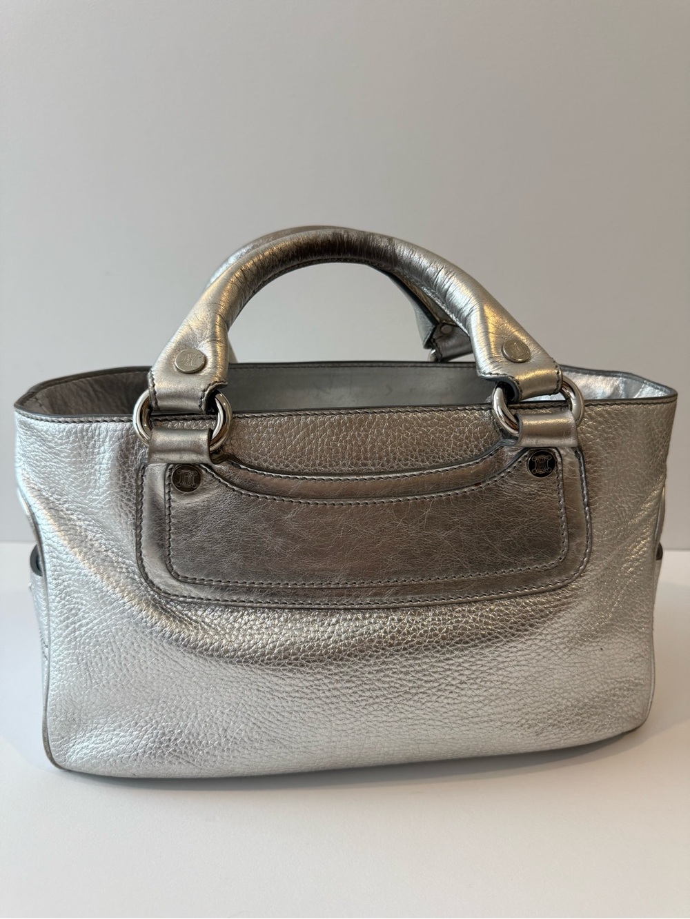 Celine Metallic Silver Pebbled Leather Satchel